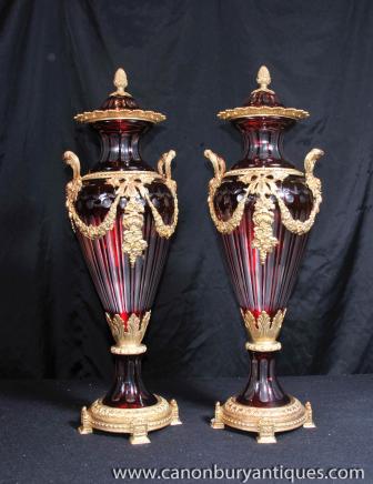Pair Classic Empire Cut Glass Amphora Urns Vases Ormolu